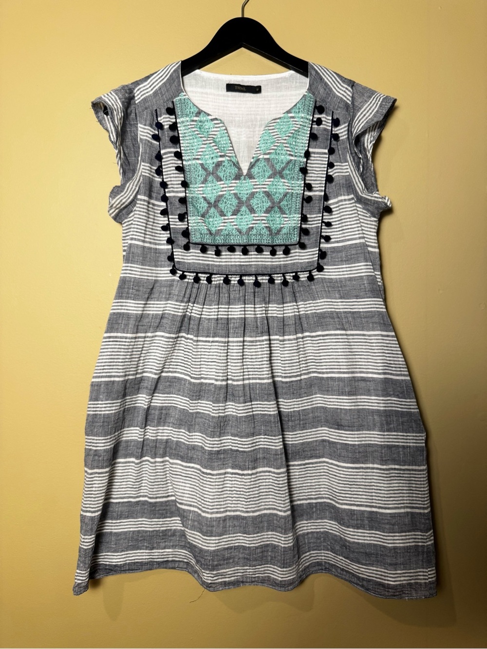 THML Embroidered Pom Pom Striped Cotton Boho Dress Size M Pockets
